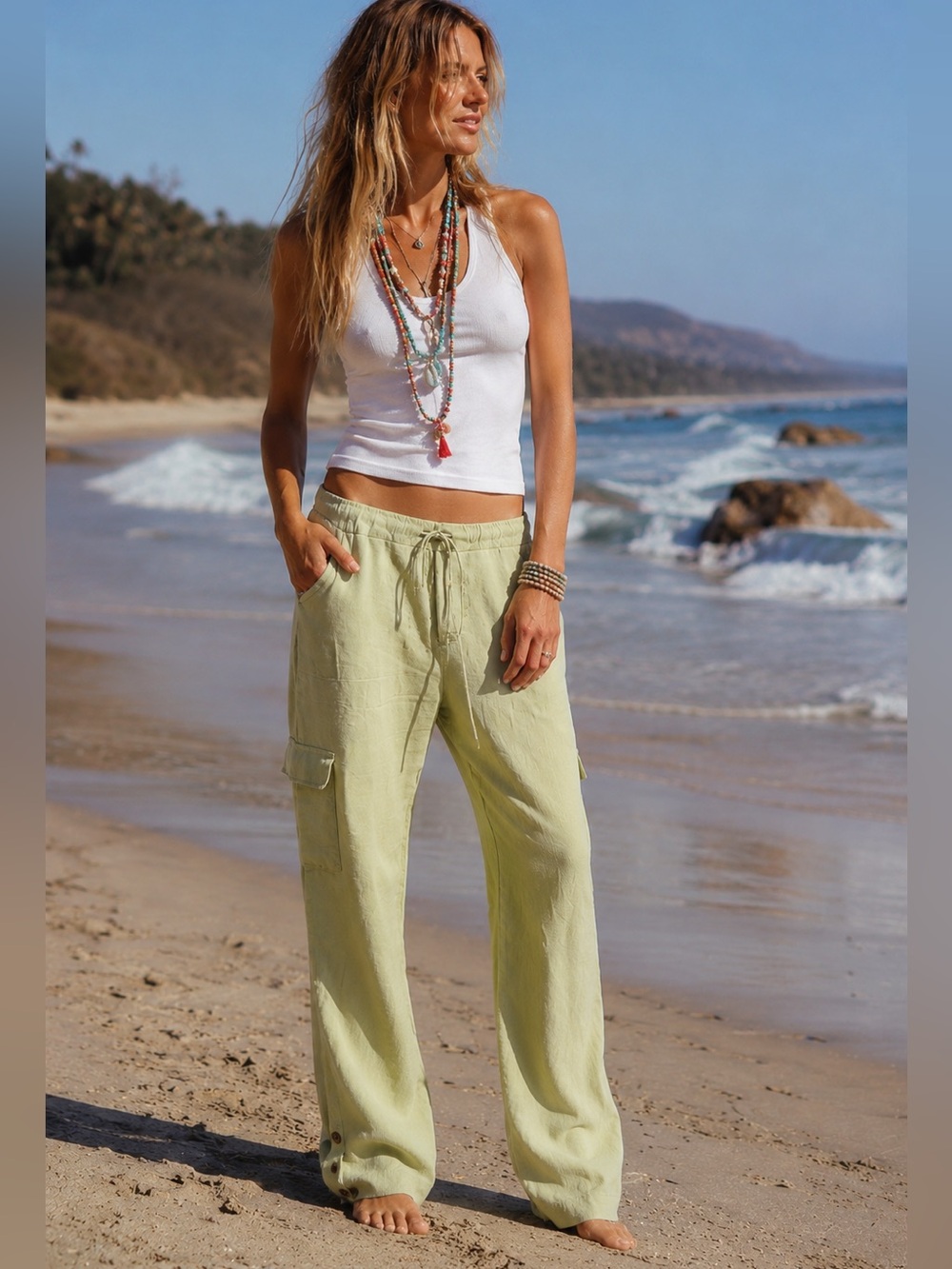 Spirit 100% Linen Cargo Pants Celery Green Size Small Made In Canada